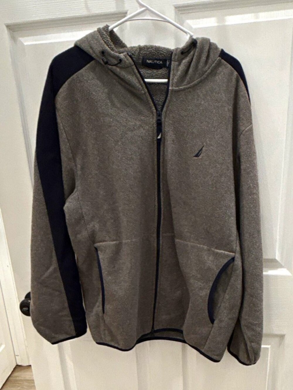 Nautica Men's L Gray/Black Solid Fleece Full Zip Hooded Hoodie Pockets